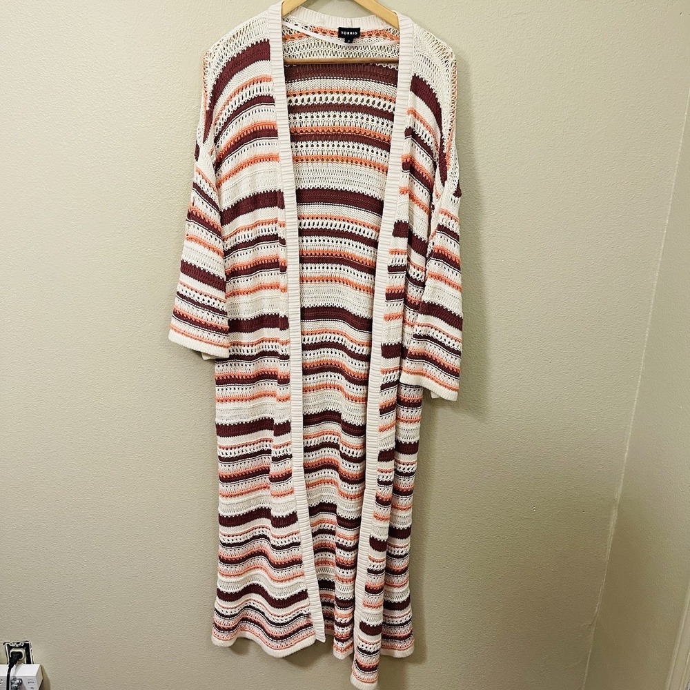 Torrid 3 Long Crochet Duster Cardigan Striped Cotton Open Boho Festival Fall